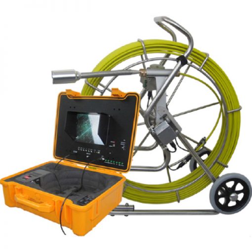 Image of Forbest 3488 Long-Range System for pipe inspections, featuring wheeled stainless steel frame reel, camera head, control station.