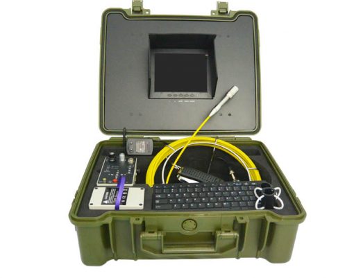 Image of pipe inspection camera system by VICAM MECHATRONICS featuring model V8-1288DK all-in-one system including rod & reel, camera head, control station, & accessories together in rugged carrying case.