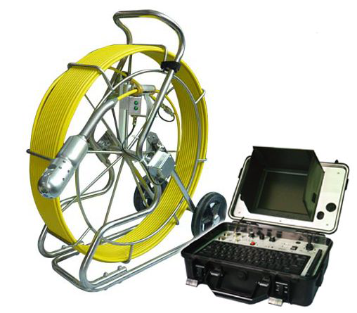 Image of Pipe Inspection System by VICAM MECHATRONICS, model V8-3388PT-1, including stainless steel reel & rod, camera head, and control console.