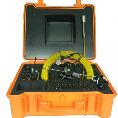 Image showing pipe inspection camera system by VICAM MECHATRONICS featuring model V8-3388DK all-in-one system including rod & reel, camera head, control station together in carrying case.