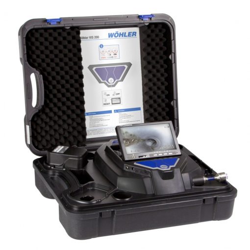 Image of Wohler model VIS 250 Service Camera System featuring display screen, controls, battery, camera head & rod all together in a stylish, rugged case.
