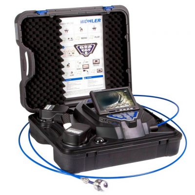 Image of Wohler model VIS 350 PLUS Service Camera System Image featuring all-in-one camera head, display screen, battery, probe storage and control station together in a rugged, stylish carrying case.