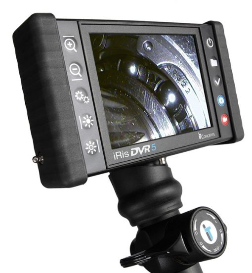 Image of iRis DVR5 model Videoscope by IT Concepts, featuring HD display monitor, image recording & capture buttons, and 4-way articulation controls.