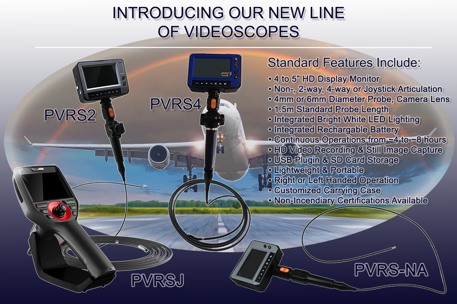 Introducing our new line of Videoscopes, the PVRS series! Portable Video Recording Systems including 4 or 5 inch HD LCD monitor displays, Joystick articulation, 2 or 4-way articulation, or non articulating, with built in rechargable batteries, integrated bright white LED lighting, video recording and still image capture, USB to PC adaptor as well as SD micro card storage.